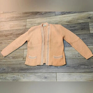 Bams vintage virgin wool light pink cardigan with embroidered trim and pockets